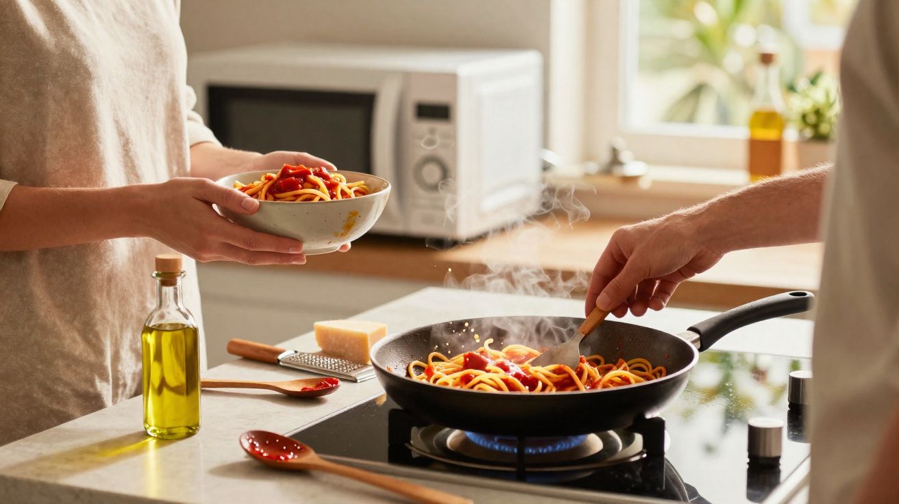 Duas pessoas cozinham esparguete com molho de tomate numa frigideira sobre um fogão a gás na cozinha.