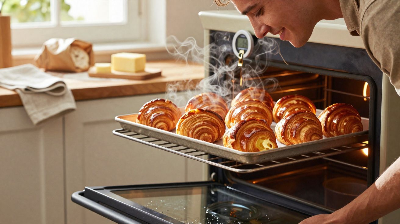 Homem a retirar croissants quentes e fumegantes do forno numa cozinha iluminada.