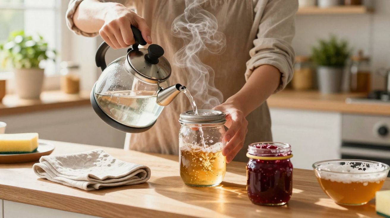 Pessoa a servir água quente de um bule de vidro num frasco com chá numa cozinha iluminada.