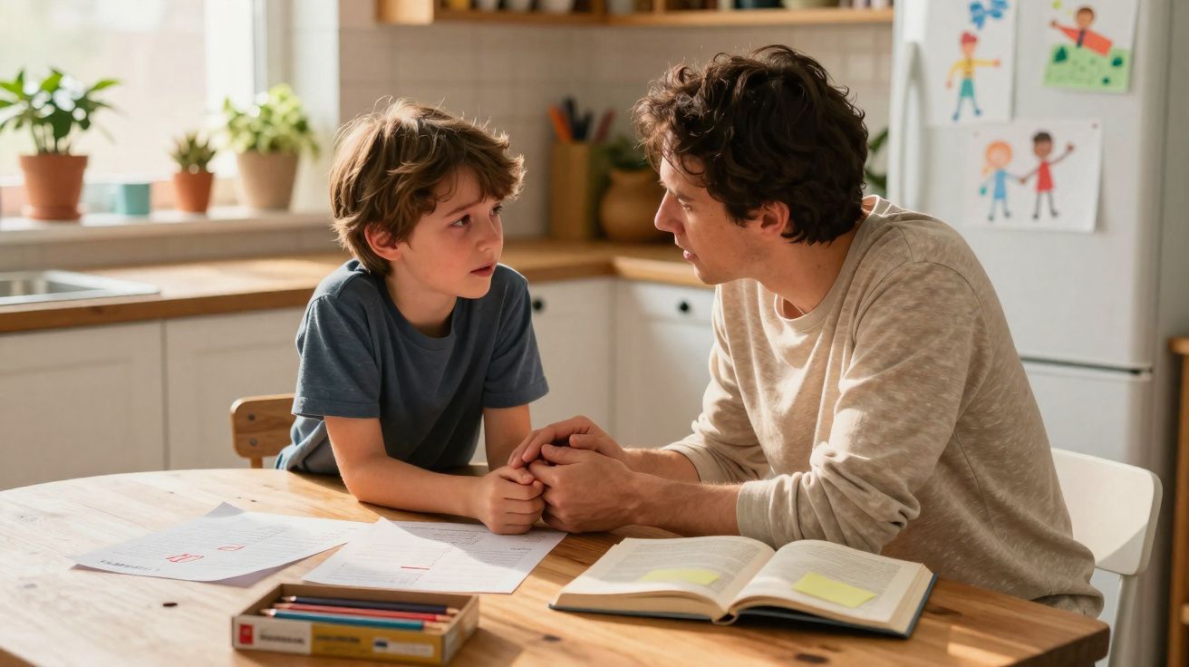 Pai consola filho preocupado enquanto estudam na cozinha, com livros e desenhos ao fundo.