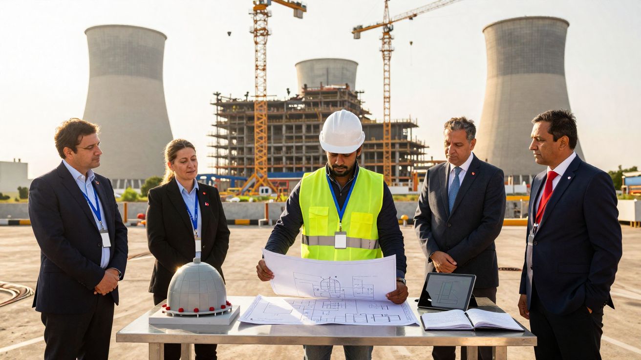 Engenheiro com capacete e colete reflete planos ao ar livre com quatro pessoas em obra industrial.