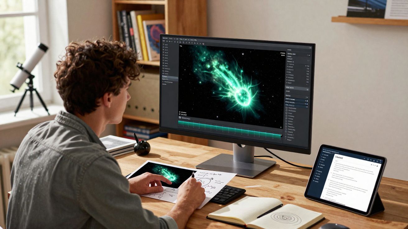 Homem a desenhar e trabalhar num ficheiro digital de imagem 3D numa secretária com computador, tablet e caderno.