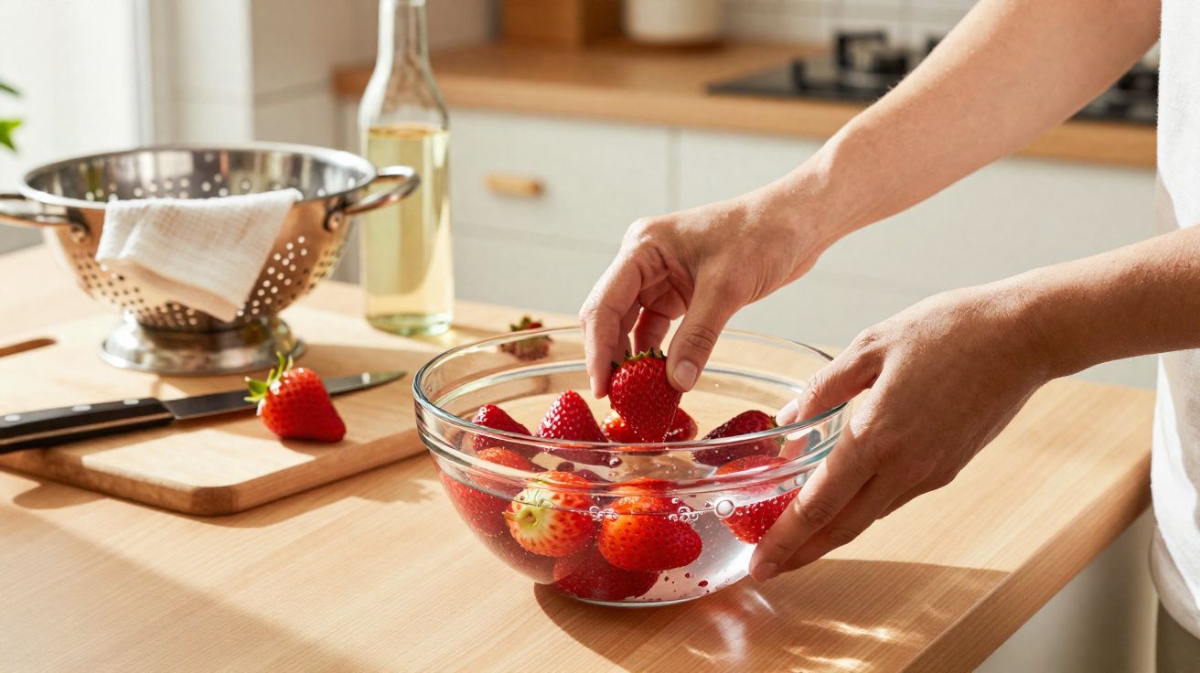 Mãos a lavar morangos numa taça de vidro com água, sobre bancada de cozinha com utensílios e fruteira.