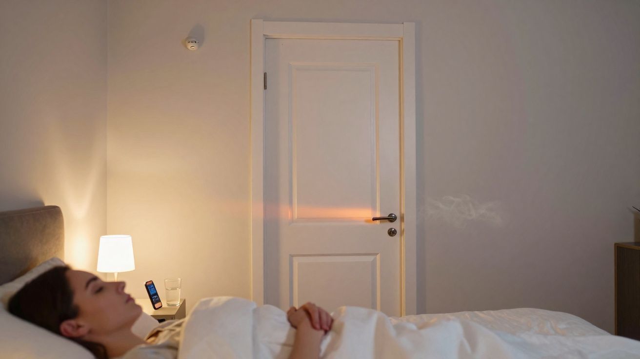 Mulher deitada na cama com luz suave de candeeiro ao lado e porta branca fechada ao fundo.