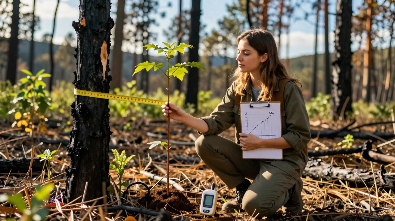 Mulher com fato verde mede crescimento de planta jovem numa floresta queimada com fita métrica.