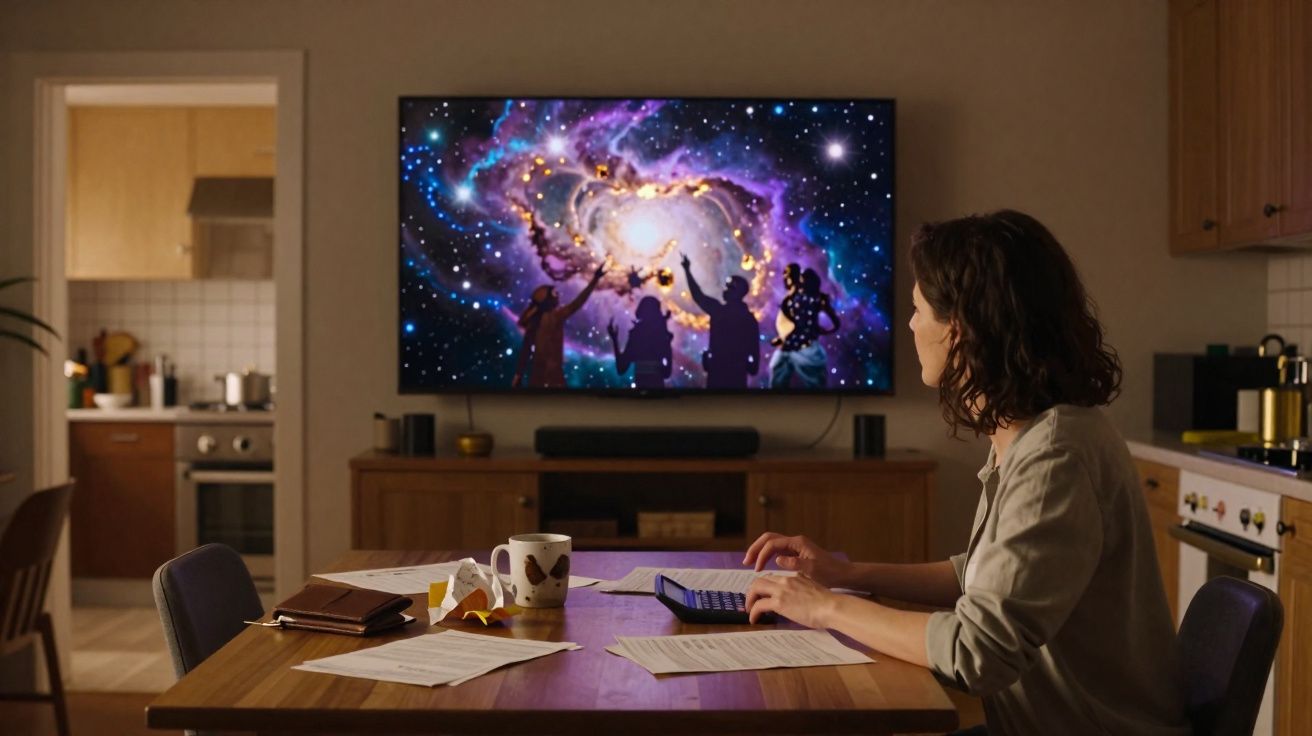 Pessoa trabalha numa mesa com documentos e vê imagem cósmica com silhuetas humanas na televisão da sala.