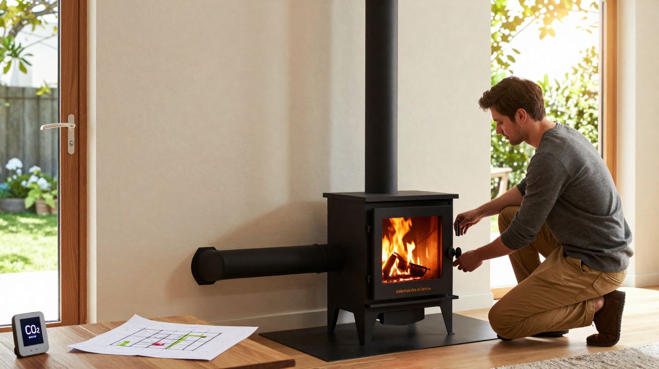 Homem a acender fogo numa recuperadora de madeira numa sala com luz natural e vista para jardim.