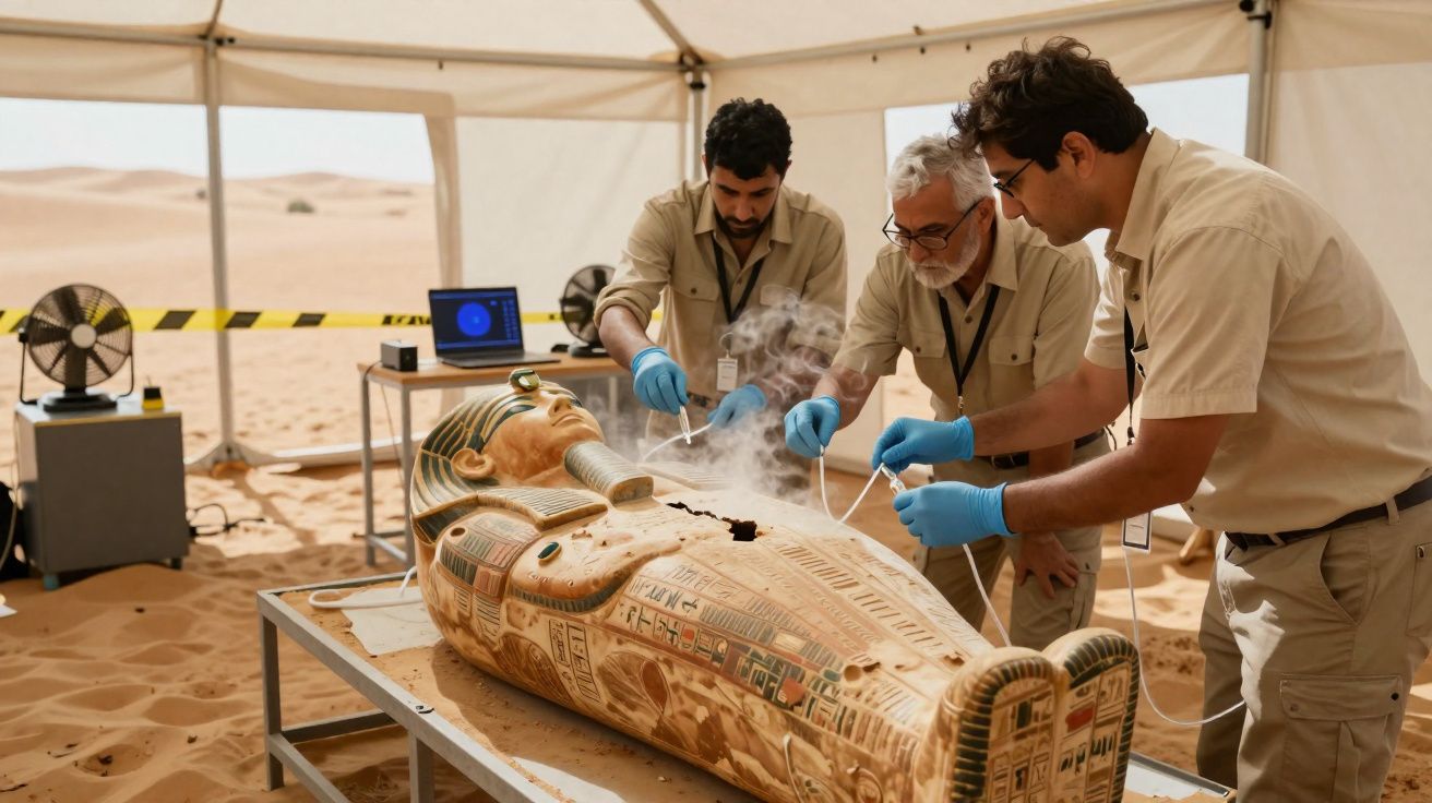 Três arqueólogos a analisar um sarcófago egípcio antigo dentro de uma tenda no deserto.