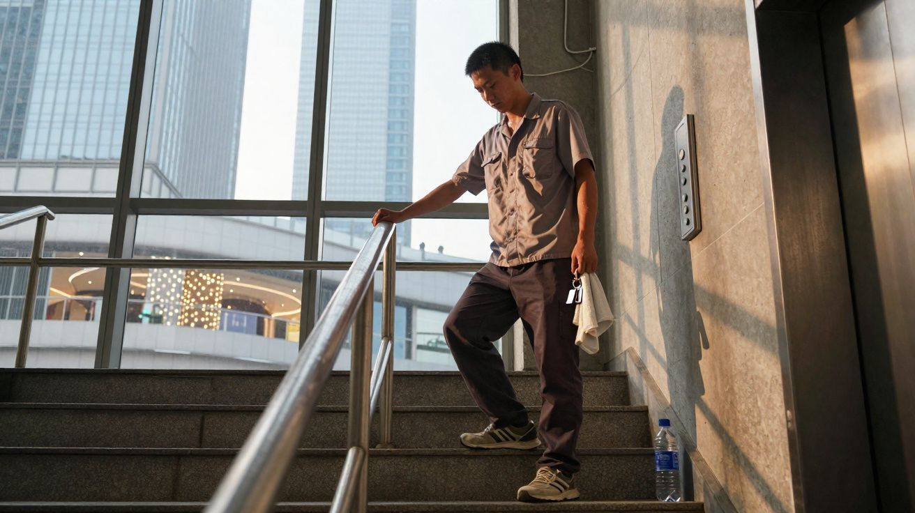 Homem vestido de trabalho desce escadas interiores de prédio com arranha-céus ao fundo ao pôr do sol.