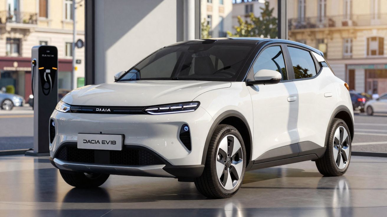 Carro elétrico branco Dacia EV1 8 estacionado junto a posto de carregamento urbano.