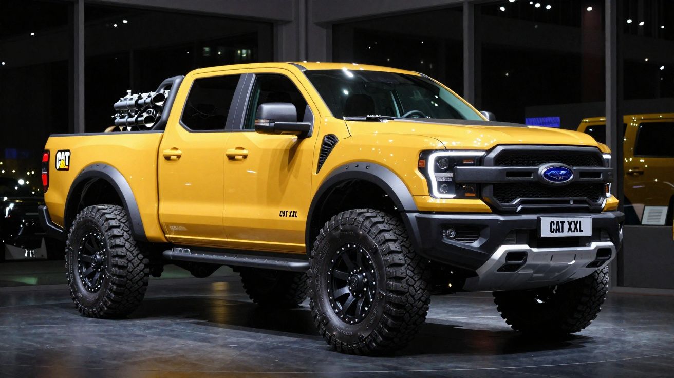 Picape amarela Ford CAT XXL exibida em ambiente interior com pneus todo-o-terreno e detalhes pretos.