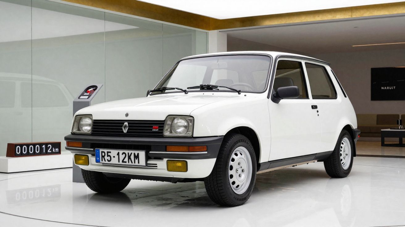 Carro Renault 5 branco clássico em exposição com odómetro marcando 12 km, interior moderno e minimalista.