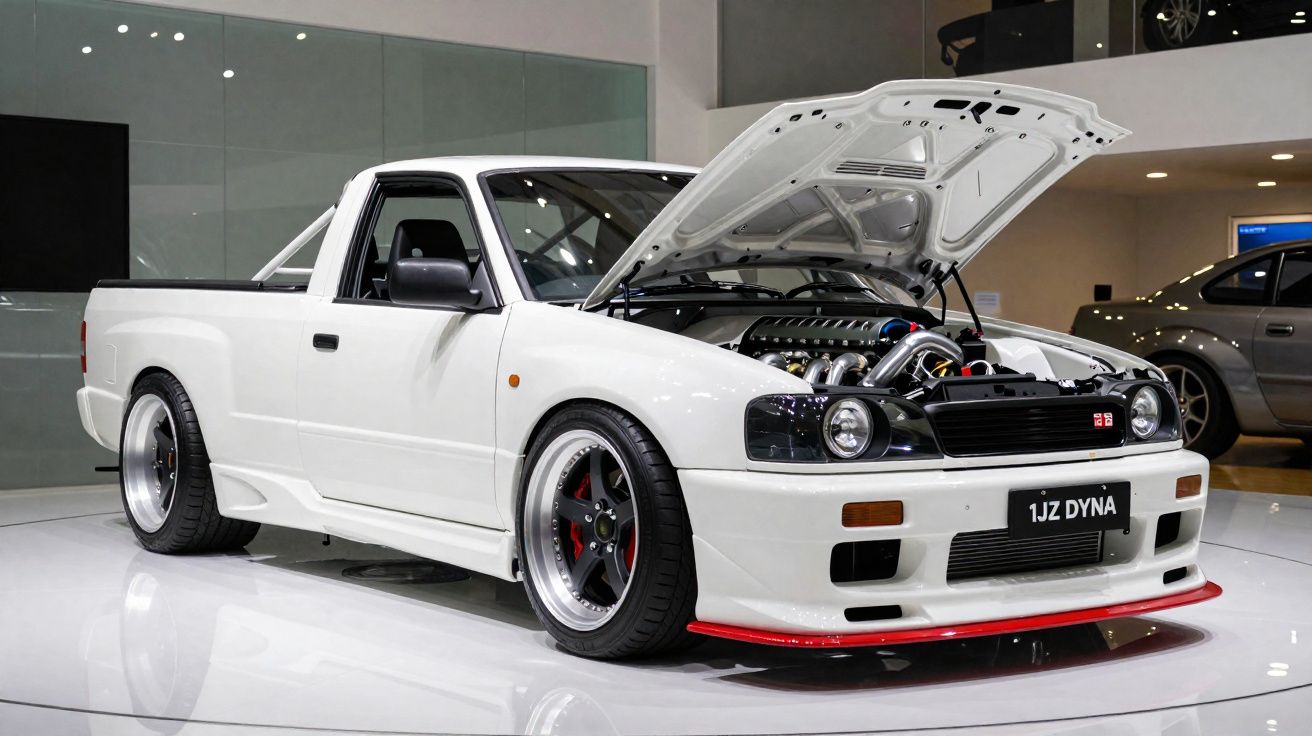 Carrinha branca modificada com capot aberto, mostrando o motor, exposta em espaço interior moderno.