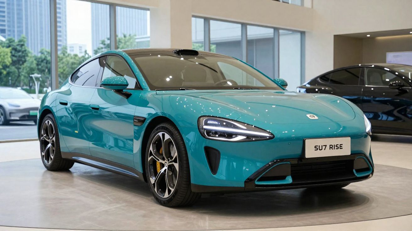 Carro elétrico azul turquesa modelo SU7 RISE exposto em showroom moderno com janelas amplas.