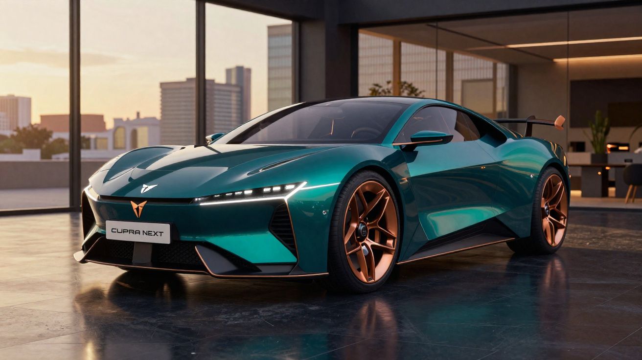 Automóvel desportivo Cupra Next verde metálico com detalhes em cobre em garagem moderna com vista para cidade.