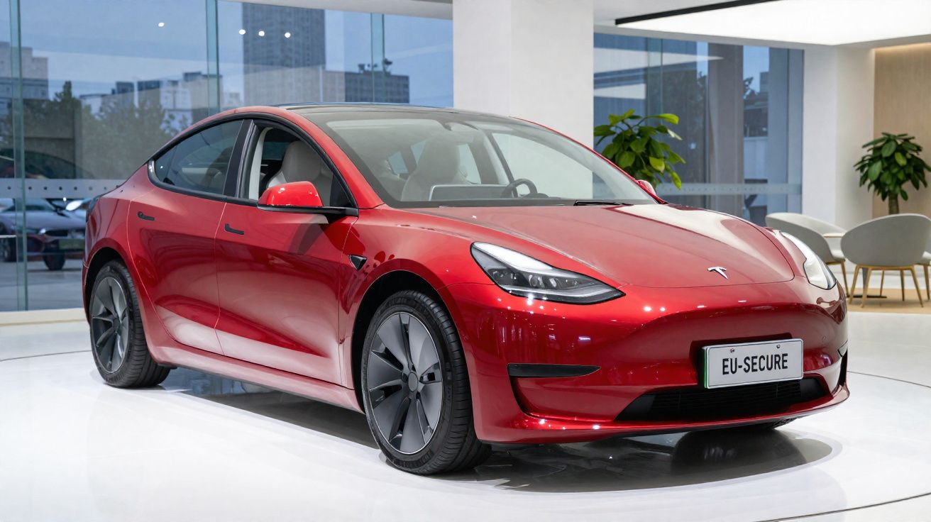 Carro elétrico Tesla Model 3 vermelho exibido numa sala moderna com grandes janelas.