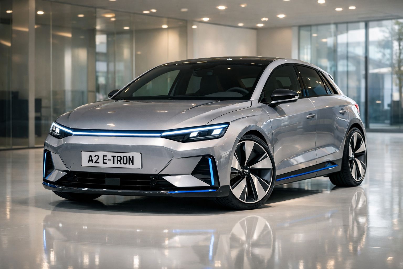 Carro elétrico Audi A2 E-Tron cinza estacionado num espaço interior moderno com chão espelhado.