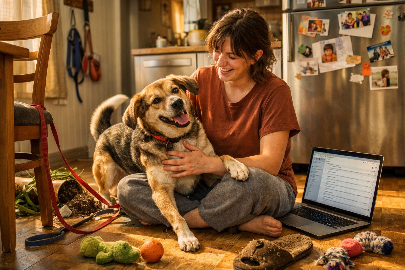 Mulher sorridente sentada no chão da cozinha a abraçar cachorro feliz ao lado de portátil aberto com e-mails.