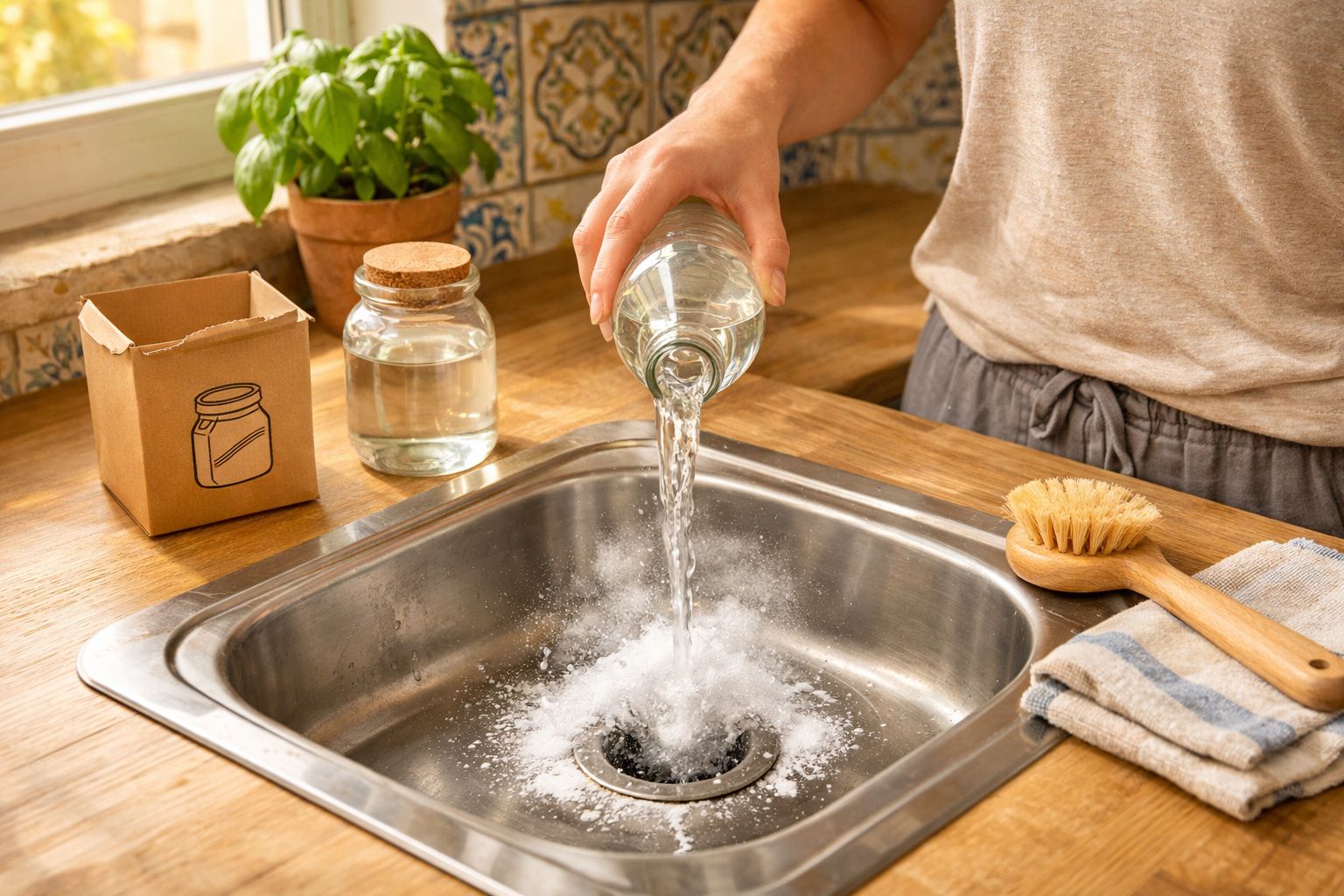 Pessoa a deitar vinagre branco no ralo da cozinha para desentupir, com utensílios de limpeza à volta.