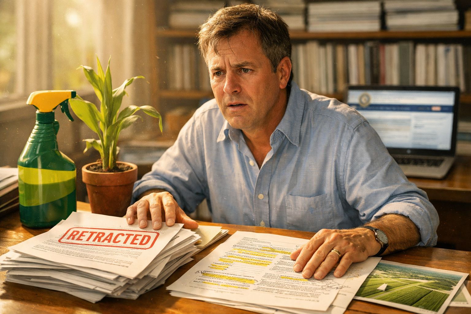 Homem preocupado com pilha de documentos marcados como "Retracted" enquanto trabalha em secretária com laptop e planta.