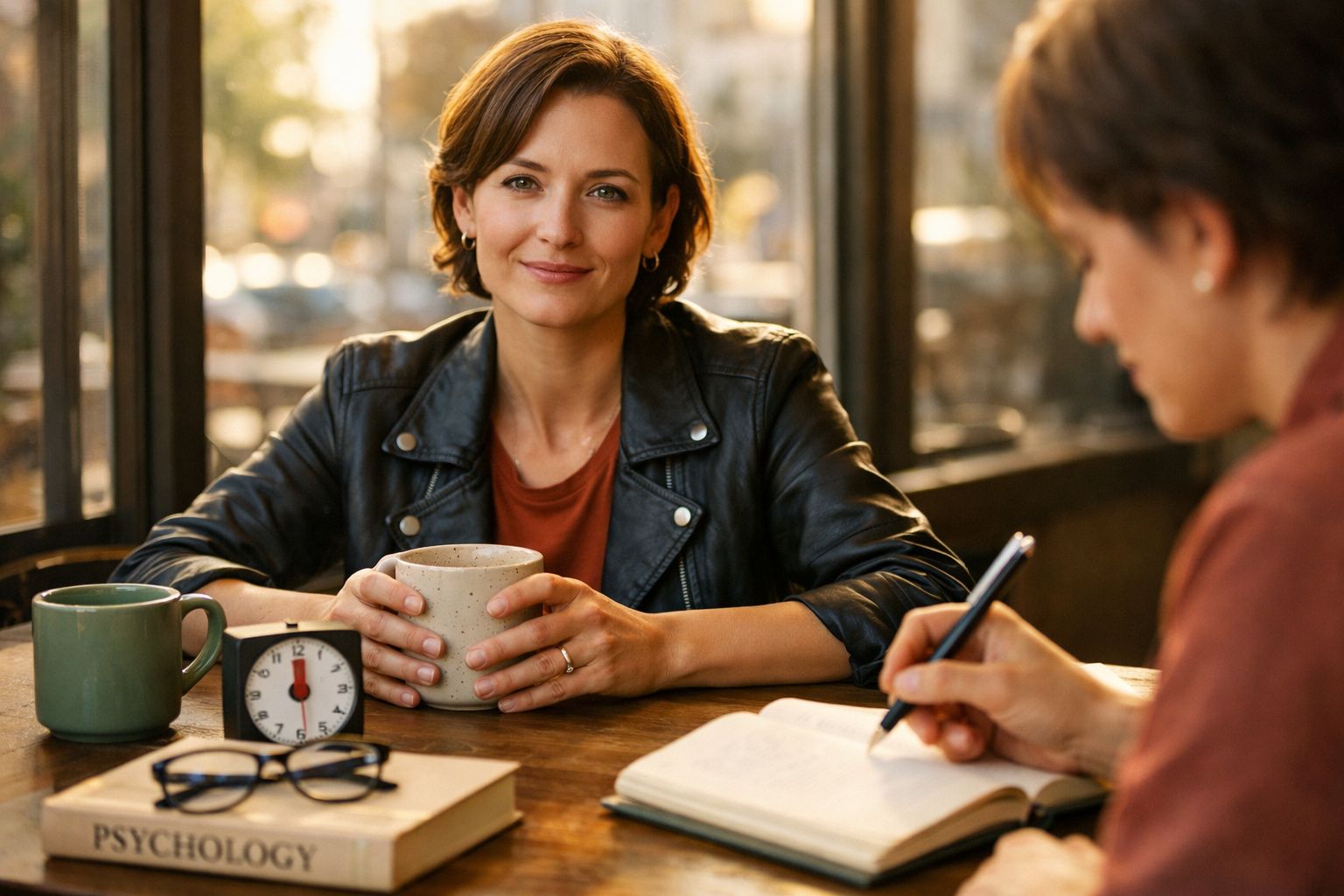 Duas mulheres numa mesa, uma a sorrir segurando uma chávena e outra a escrever num caderno.