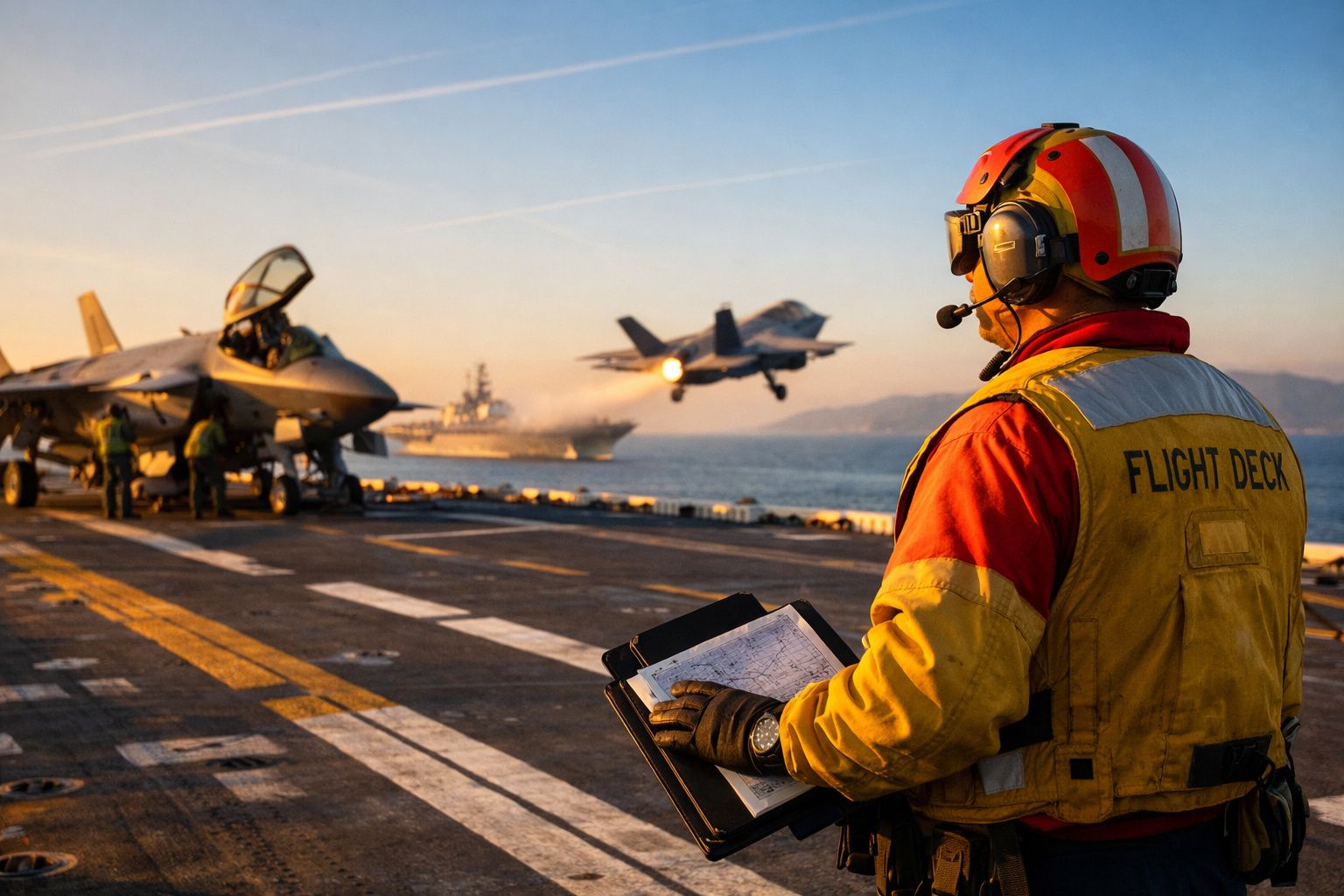Militar com colete amarelo observa avião descolar de porta-aviões ao pôr do sol no mar.
