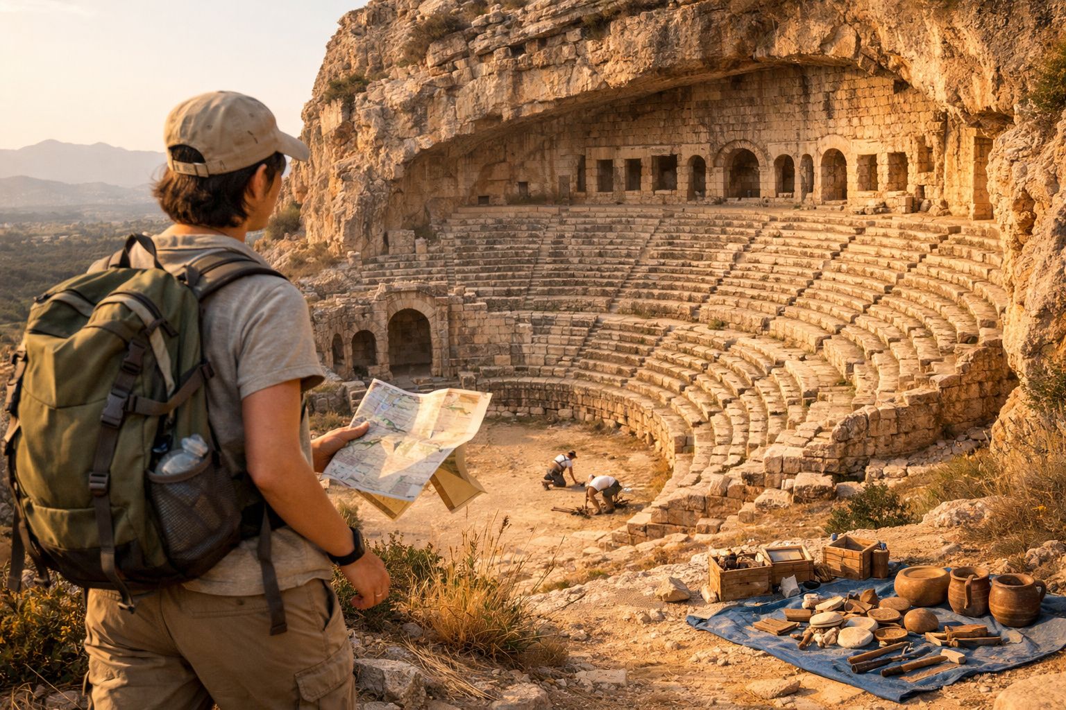 Turista com mochila e mapa observa escavações arqueológicas num teatro romano antigo ao pôr do sol.