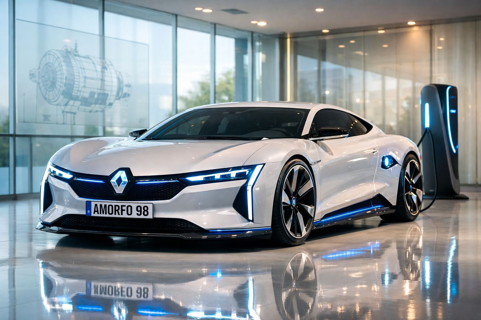 Carro elétrico desportivo branco da Renault a carregar num posto de carregamento interior moderno.