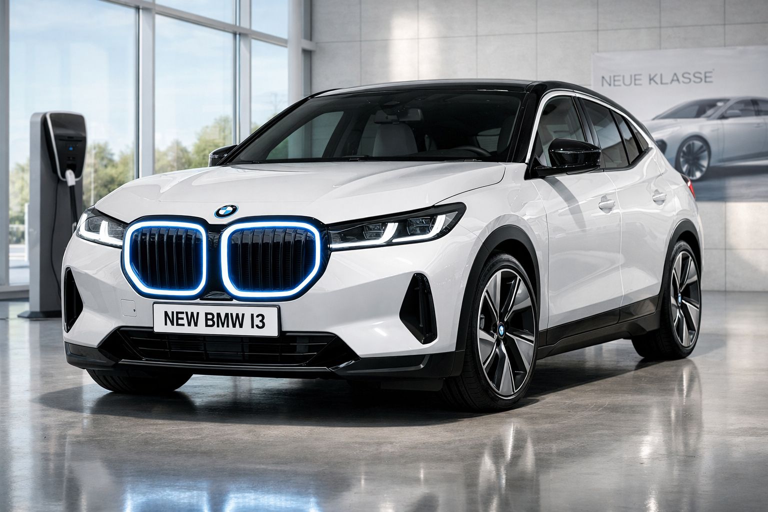 Carro elétrico BMW i3 branco estacionado numa loja com carregador ao fundo e luzes LED na grelha dianteira.