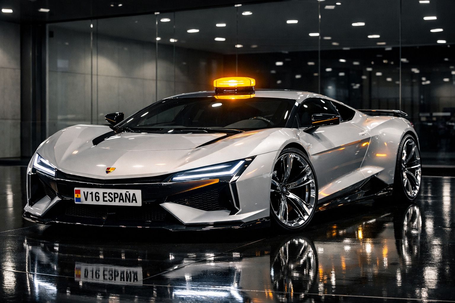 Carro desportivo branco com luz de emergência amarela no tejadilho e matrícula com inscrição V16 ESPAÑA.