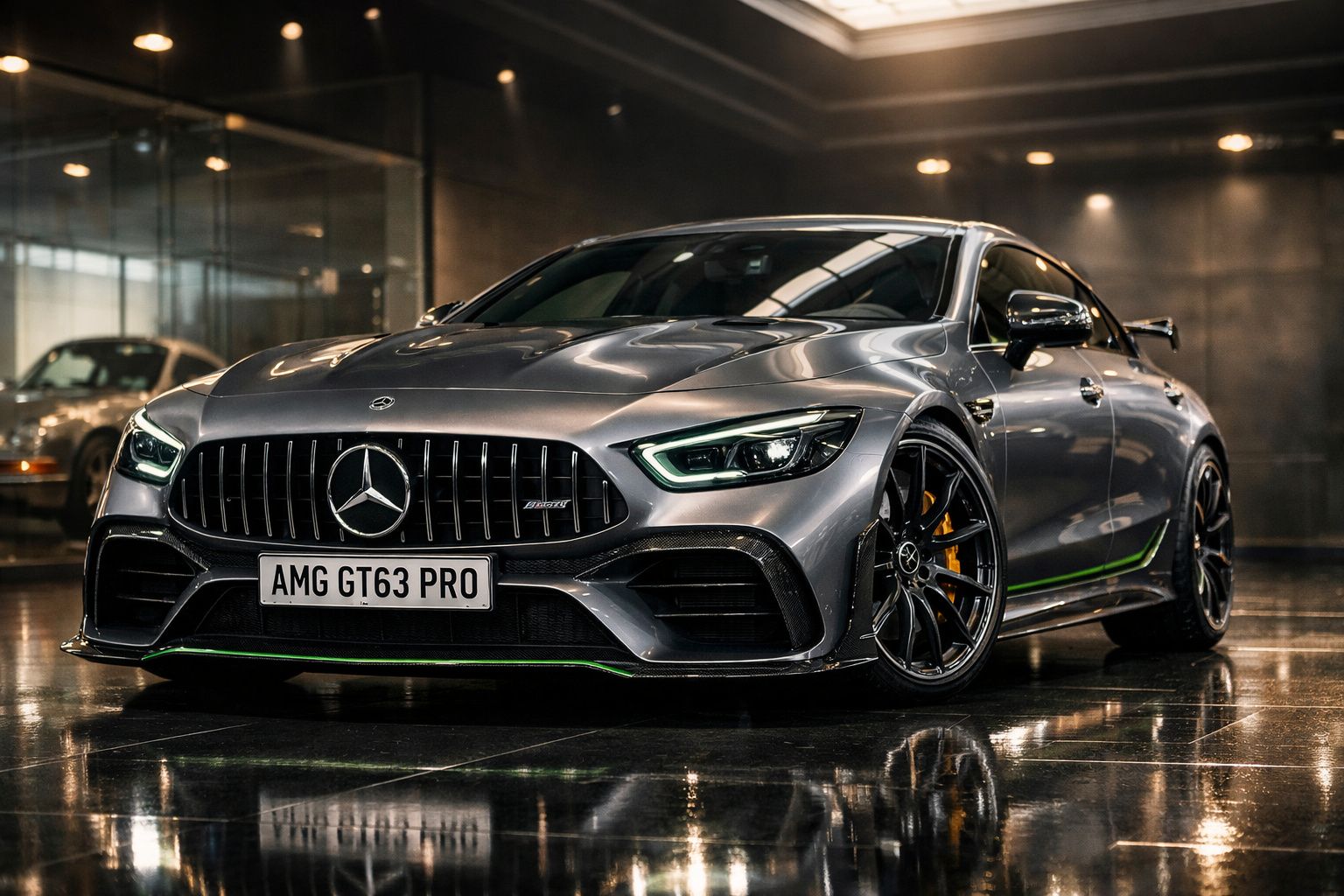 Mercedes-AMG GT63 PRO cinzento brilhante estacionado num piso de mármore polido, com luzes interiores refletidas.