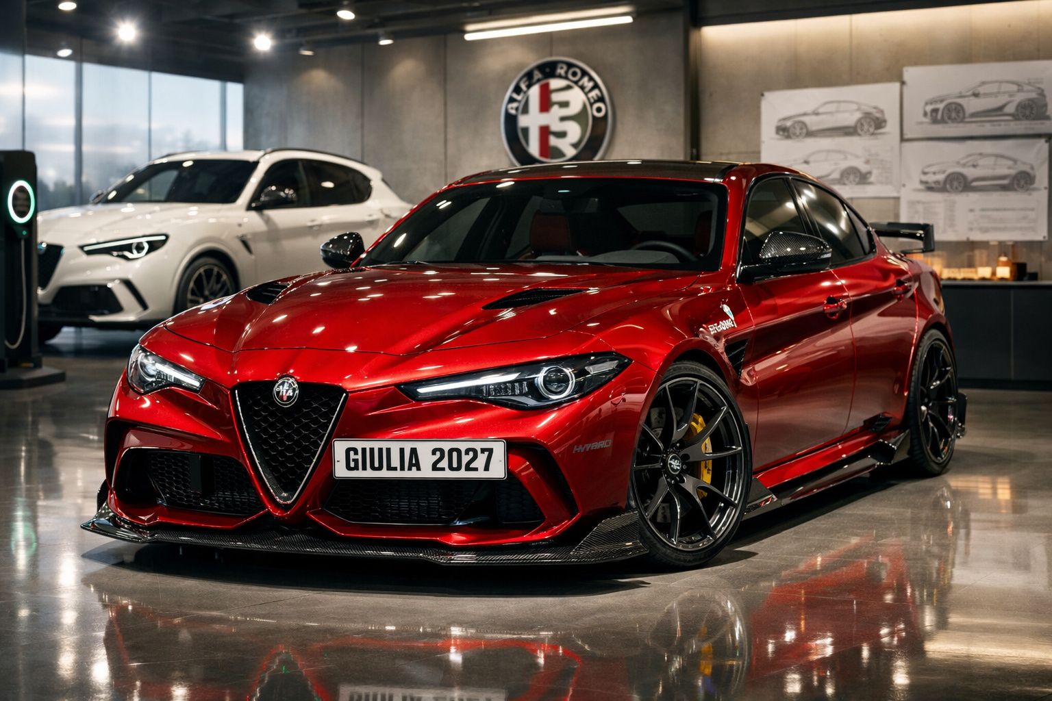 Carro desportivo Alfa Romeo Giulia 2027 de cor vermelha numa sala de exposição moderna.