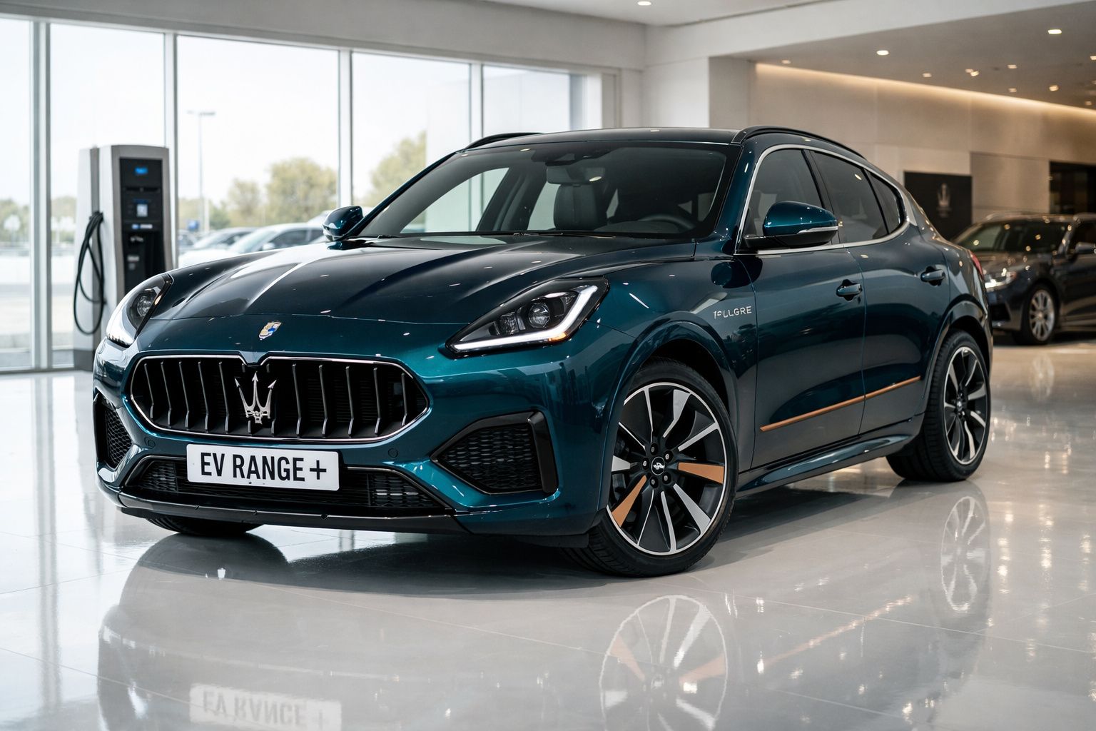 Carro eléctrico de luxo Maserati SUV azul escuro estacionado numa exposição interior moderna.