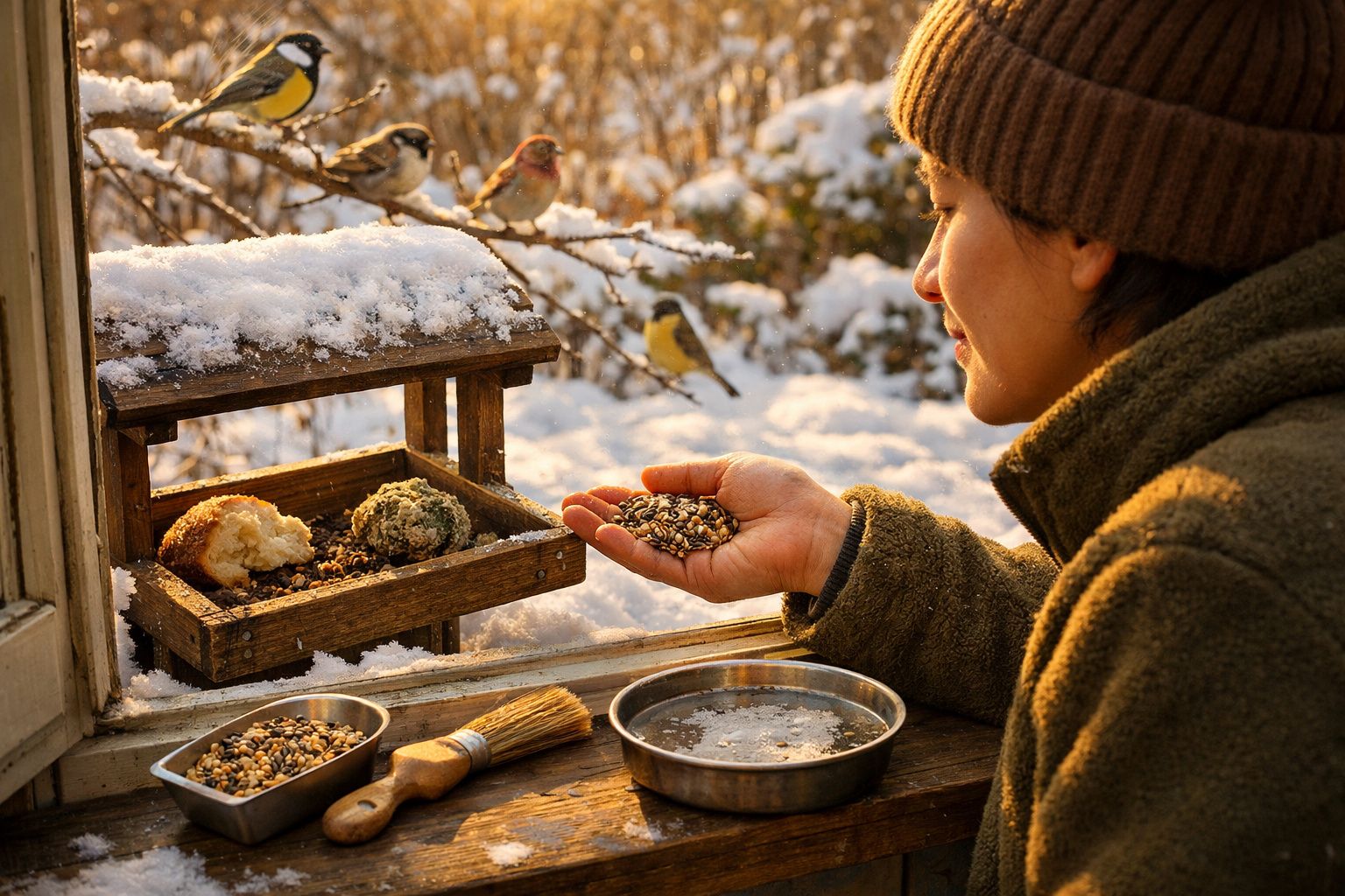 Pessoa a alimentar pássaros com sementes numa estação de alimentação coberta de neve, cenário de inverno.