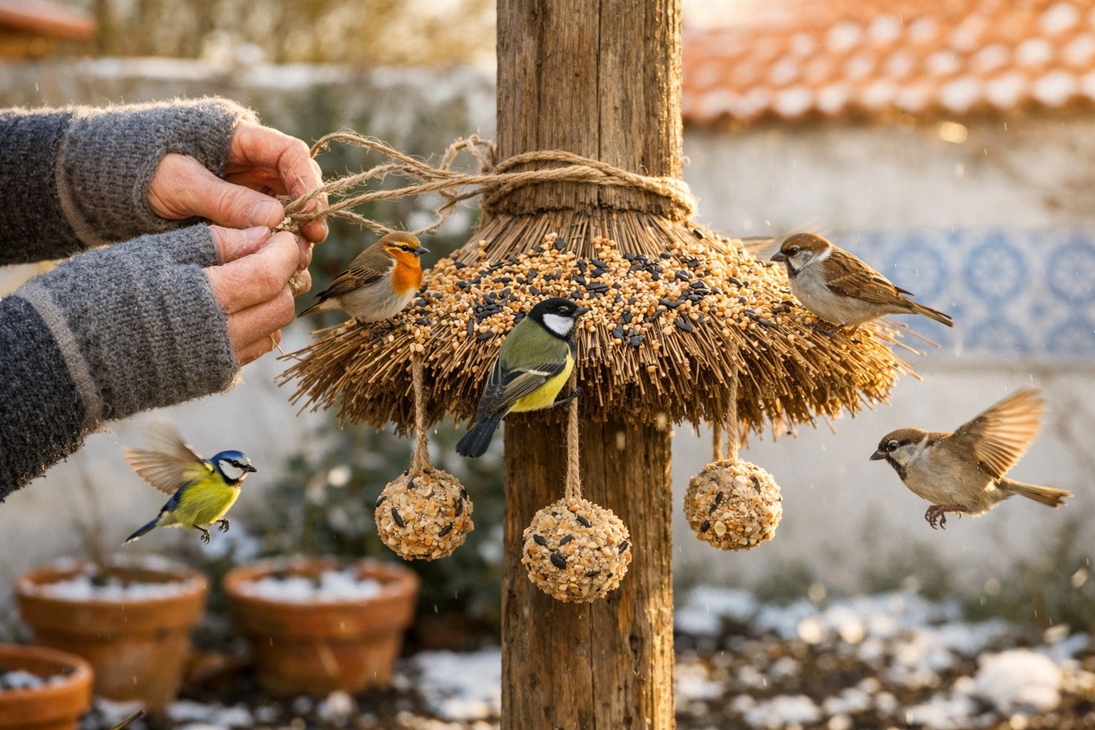 Mãos a pendurar bolas de sementes num comedouro para pássaros com várias aves a voar e pousar.