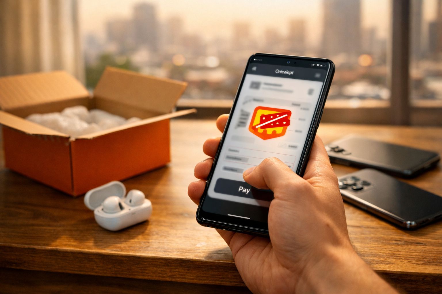 Pessoa a fazer pagamento online num smartphone, com auriculares, caixas e comandos sobre uma mesa de madeira.