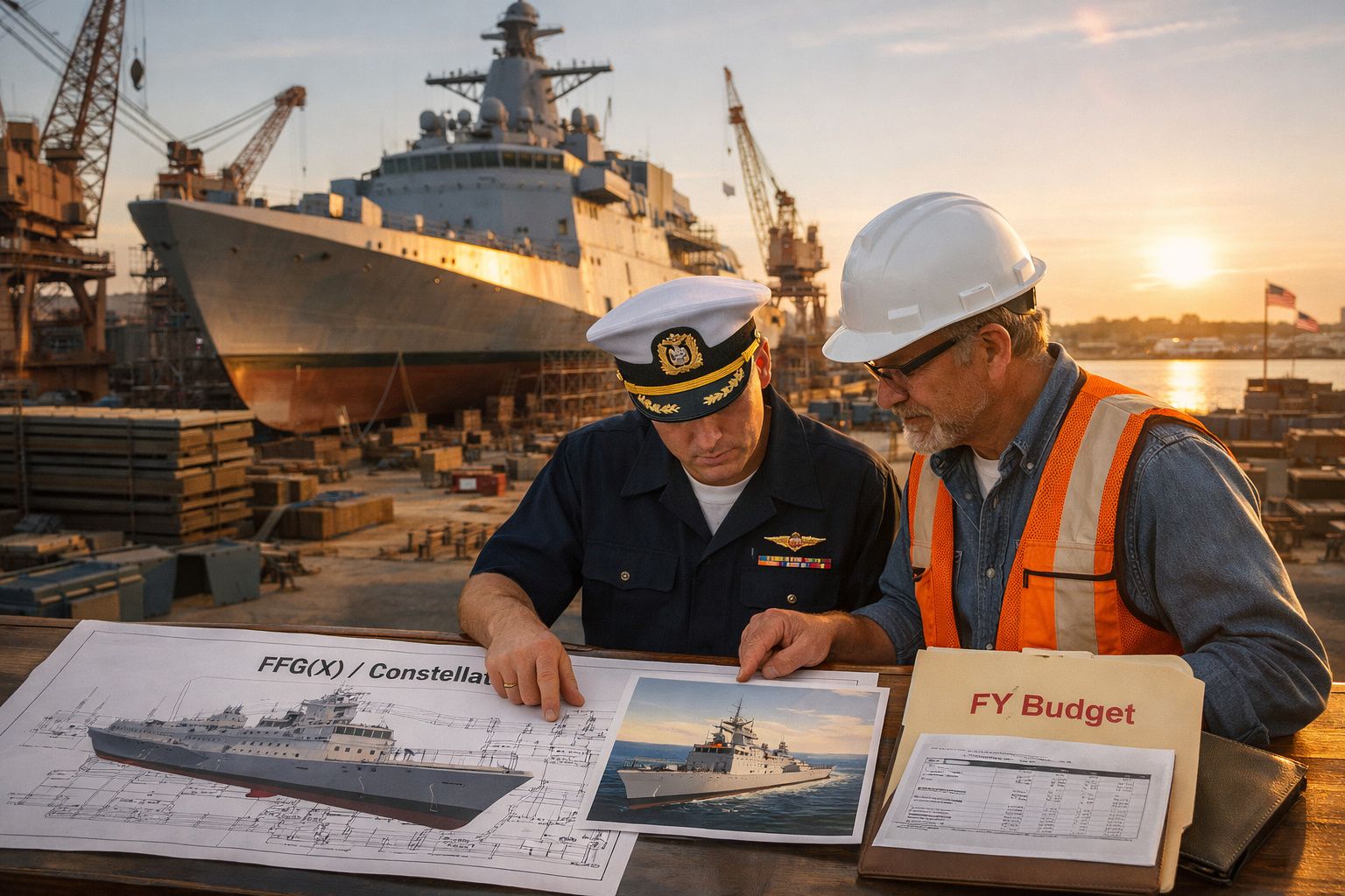 Dois homens analisam projetos e orçamento de um navio militar num estaleiro ao pôr do sol.