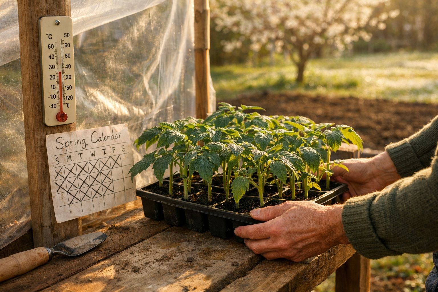 Mãos seguram tabuleiro com plantas jovens em estufa com termómetro e calendário da primavera.