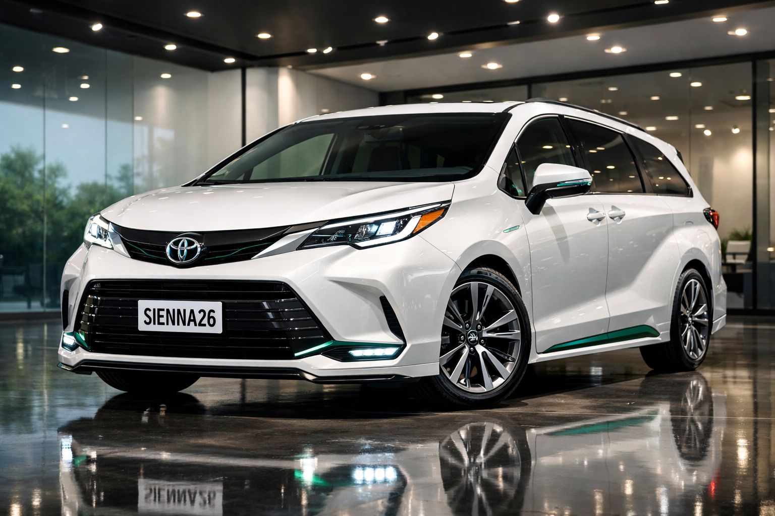 Carro Toyota Sienna branco estacionado em piso com reflexo, em ambiente interior iluminado.