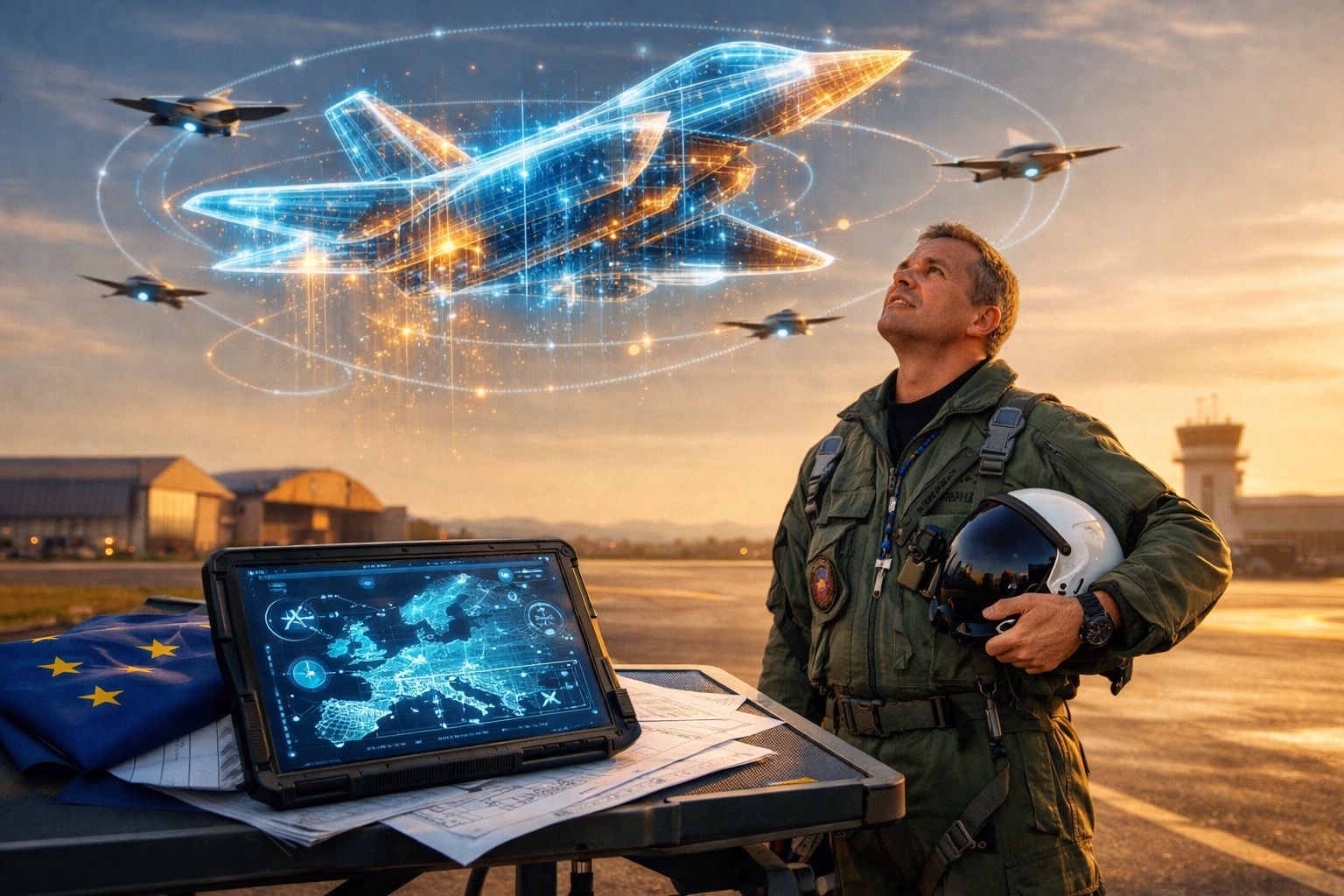 Piloto militar observa holograma de avião sob voo de caças na base aérea durante o pôr do sol.