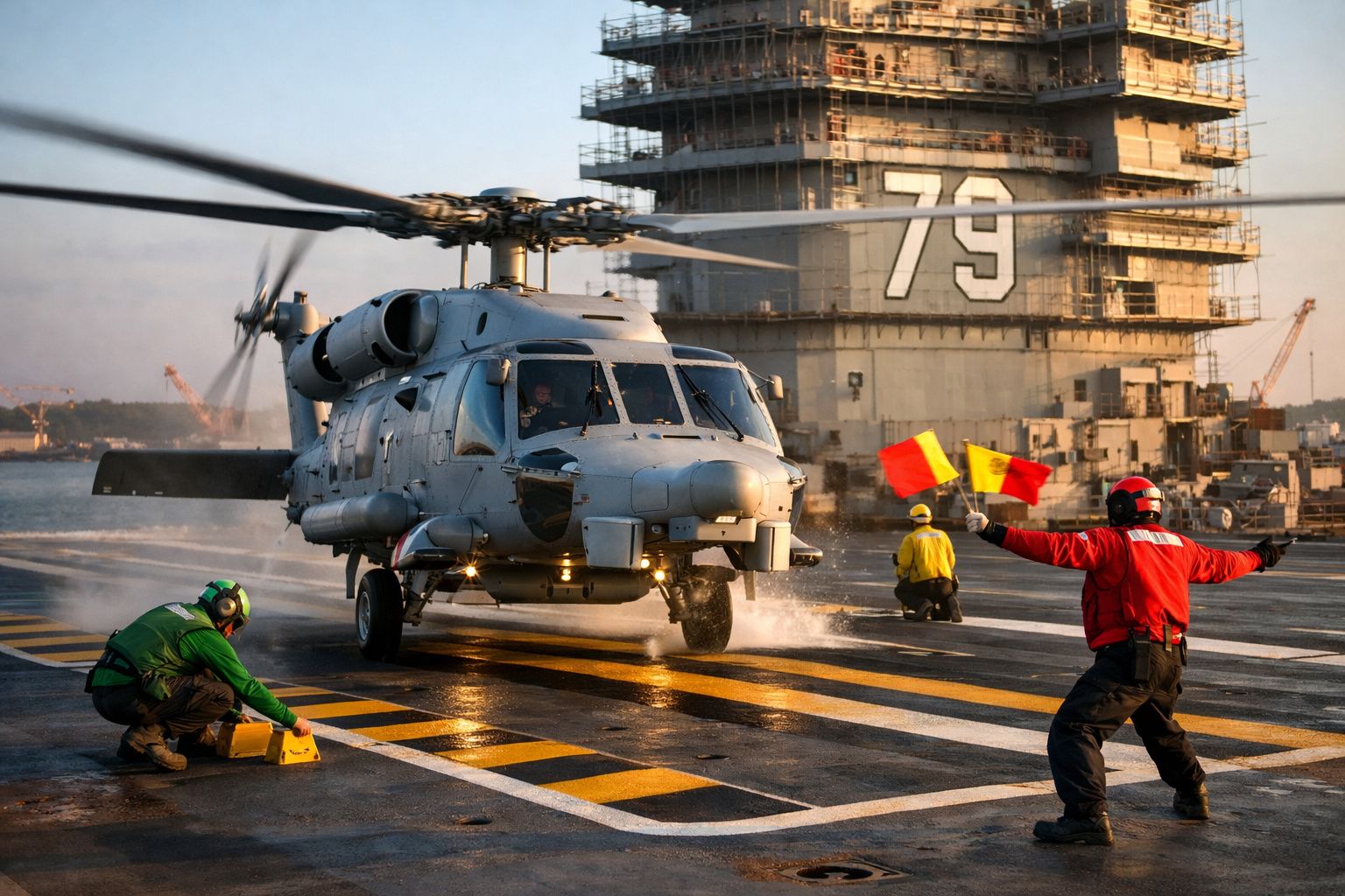 Helicóptero a descolar de porta-aviões com tripulantes a sinalizar na pista molhada ao amanhecer.