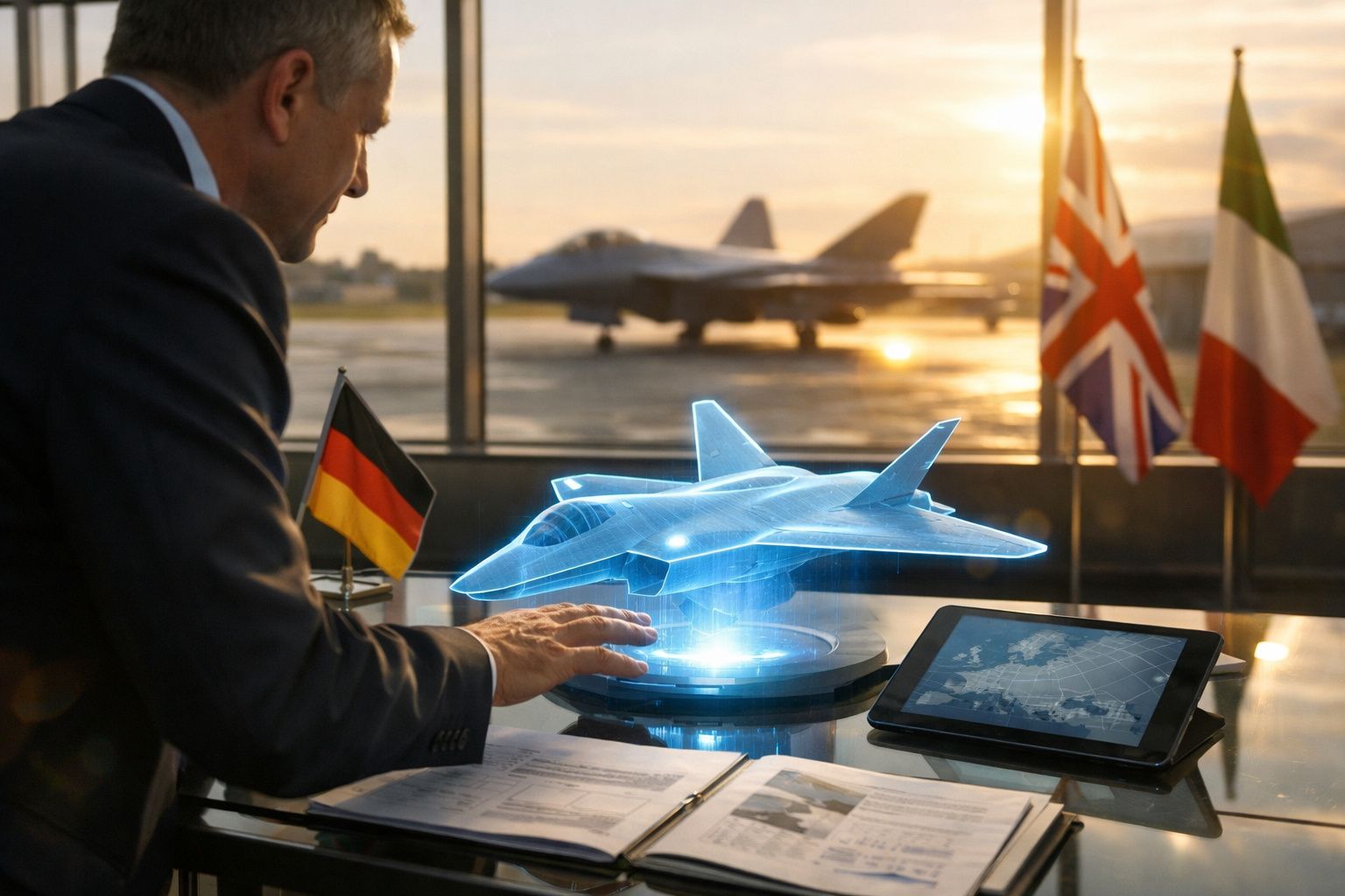 Homem interage com holograma de avião de combate numa sala com bandeiras e avião real ao fundo.