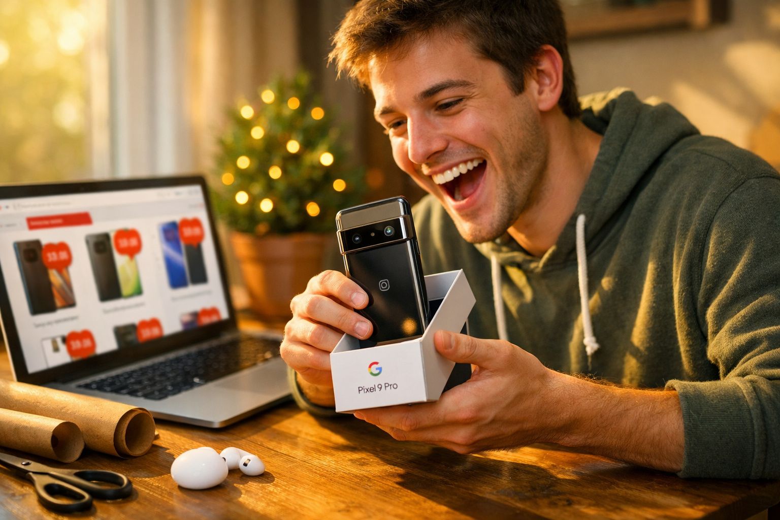 Homem feliz desembrulha smartphone Pixel 9 Pro junto a computador portátil com loja online aberta.