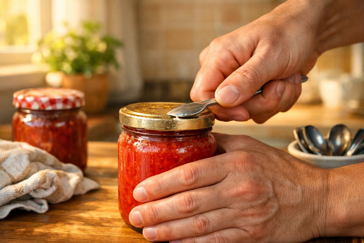 Mãos masculinas a abrir um frasco de compota vermelha com uma colher numa cozinha iluminada.
