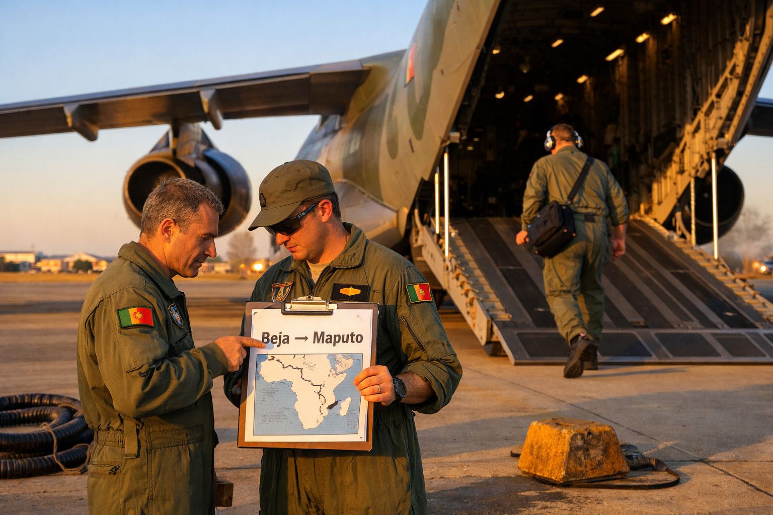 Dois militares portugueses seguram mapa de rota Beja a Maputo em frente a avião militar.