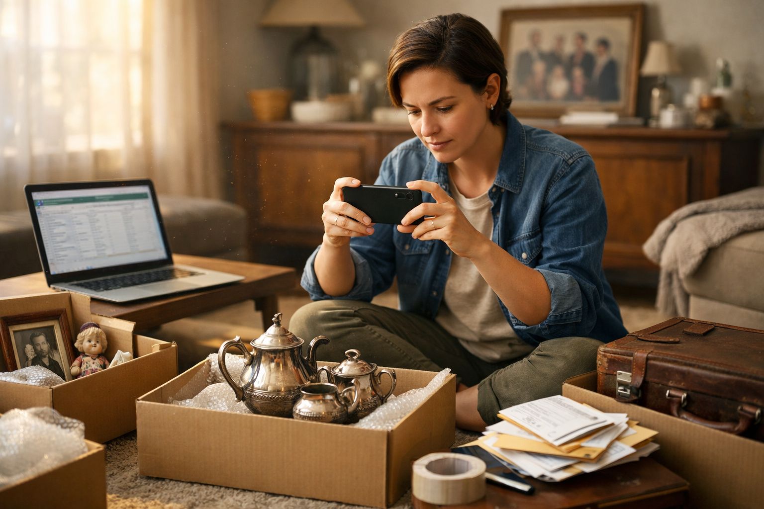 Mulher sentada no chão a fotografar serviço de chá antigo dentro de caixas em sala de estar.