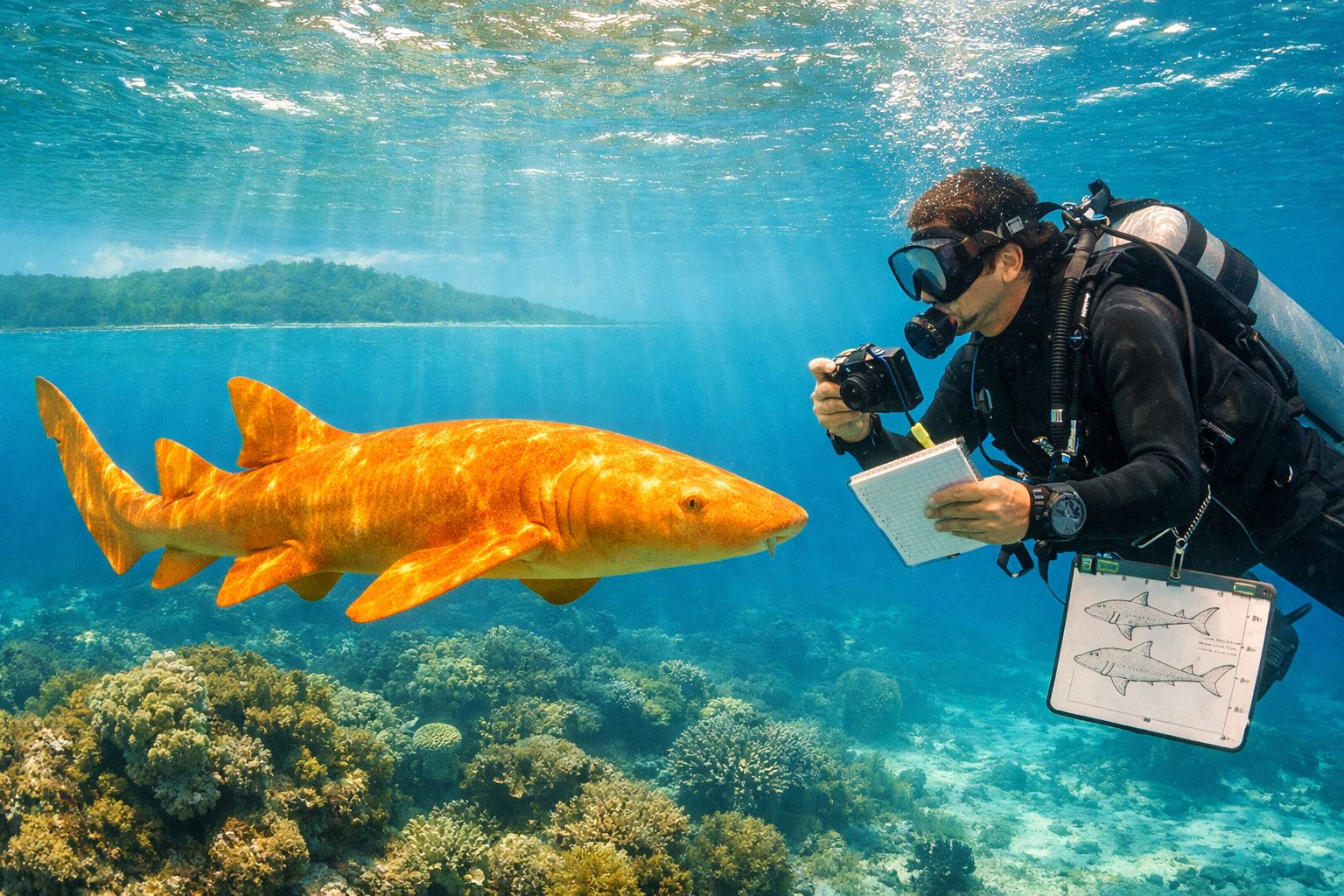 Mergulhador com equipamento de estudo marinho a fotografar um tubarão-lixa laranja perto de recife coralífero.