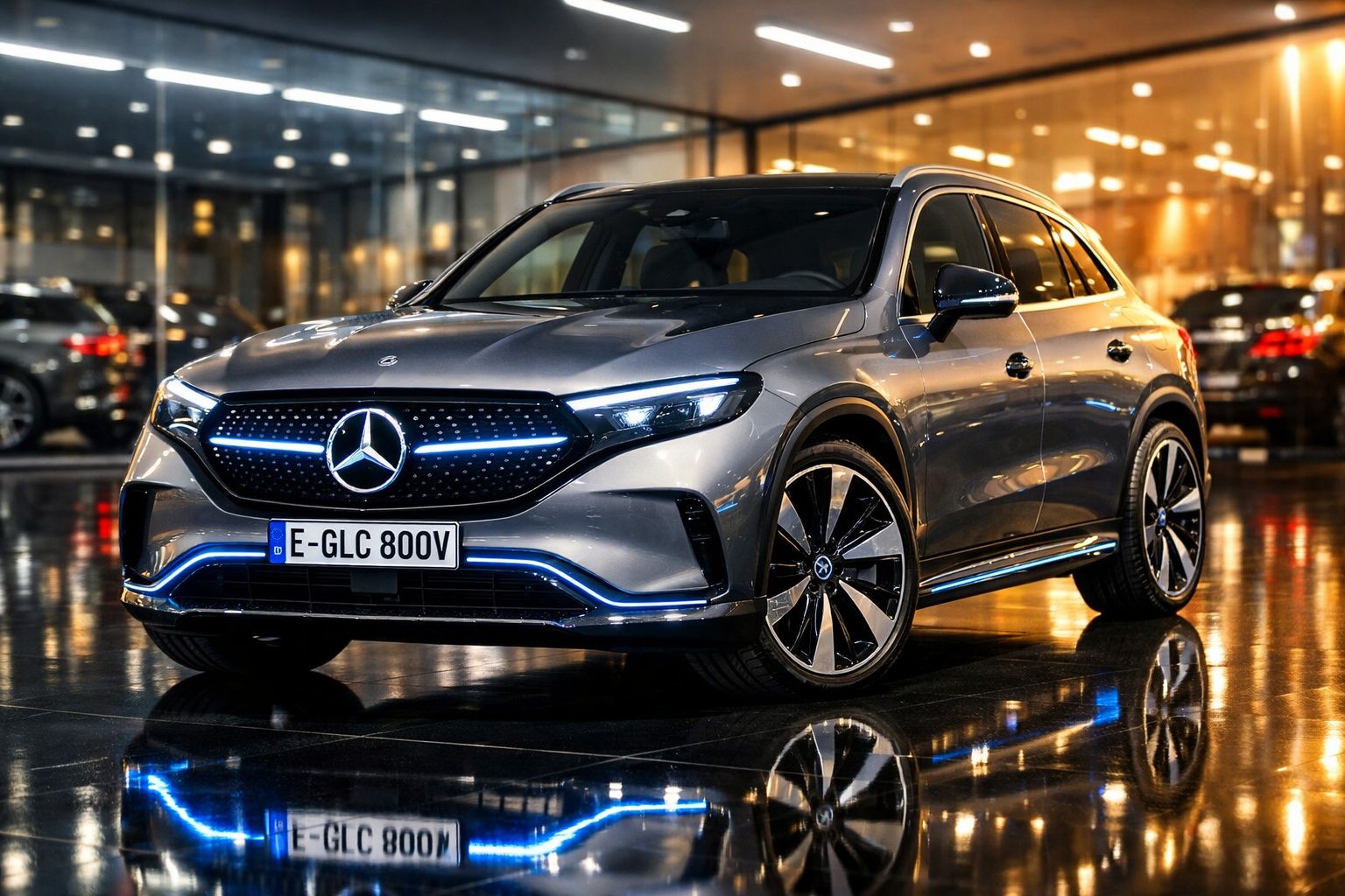 Mercedes-Benz elétrico prateado estacionado em piso refletor com iluminação ambiente noturna.