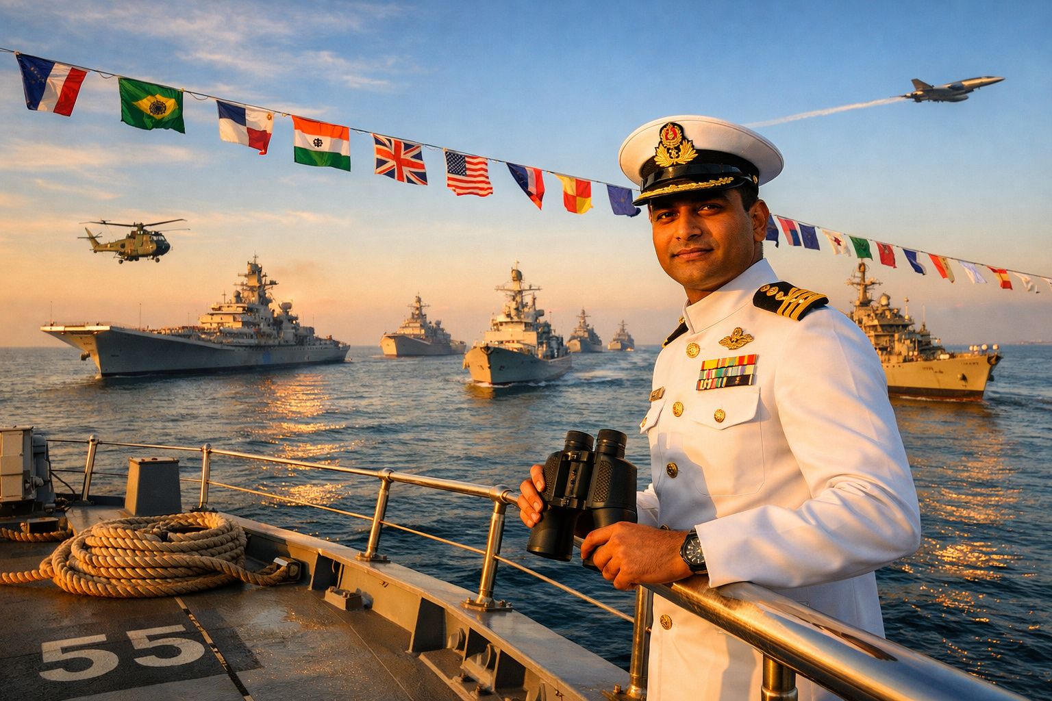 Oficial naval em uniforme branco com binóculos em convés de navio, com frota militar, bandeiras e avião no céu ao pôr do sol.