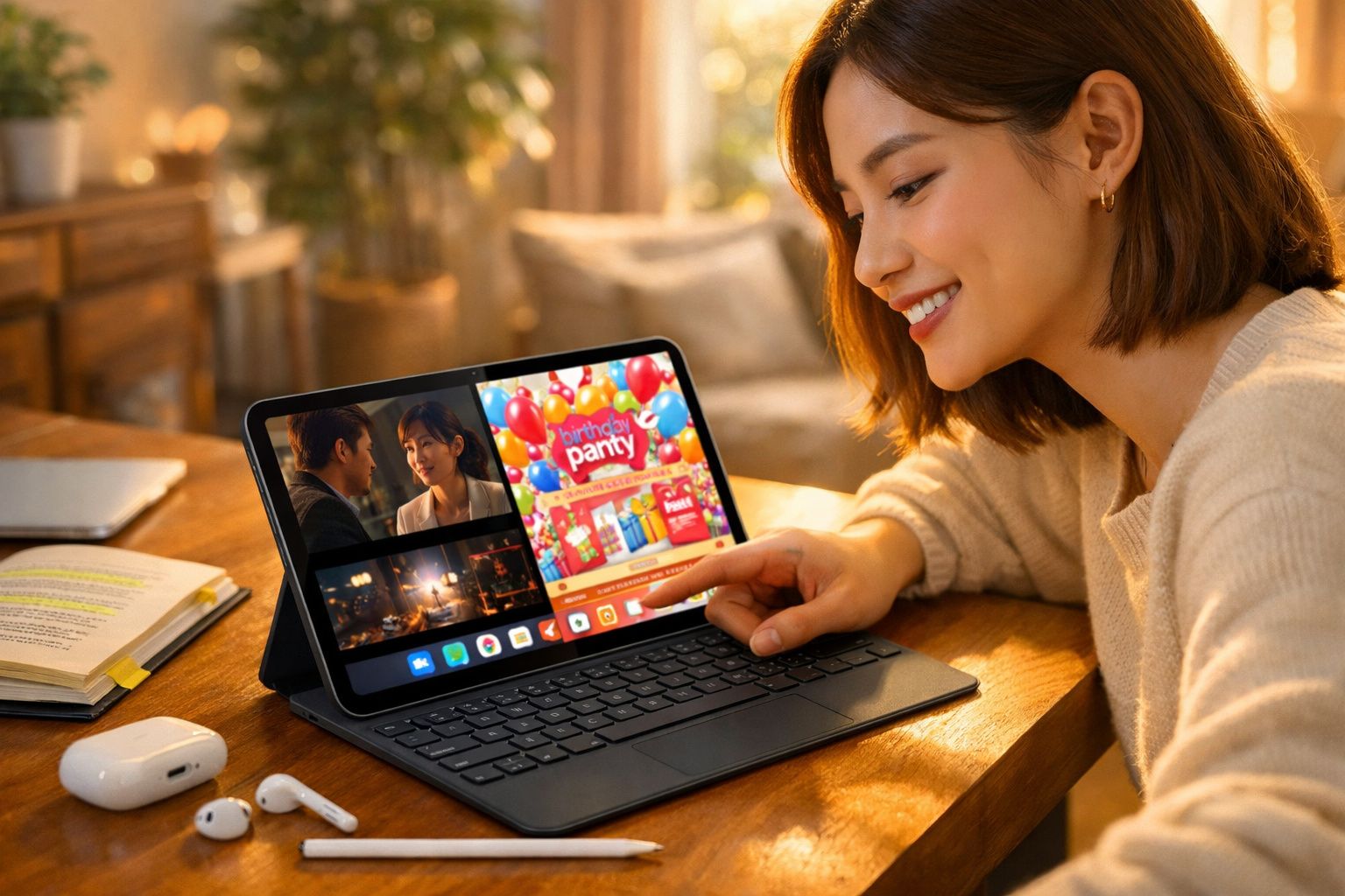 Mulher a sorrir enquanto utiliza tablet numa mesa de madeira numa sala iluminada natural.